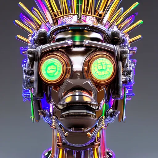 Prompt: portrait of a glossy claymodel of a steampunk aztec futuristic robot head, top of the head is a crown made of wires and multicolored glowing tubes, eyes are multicolored led screen, 8 k, front shot, symetrical, flourescent colors, halluzinogenic, multicolored, insanely detailed, 3 d render, octane