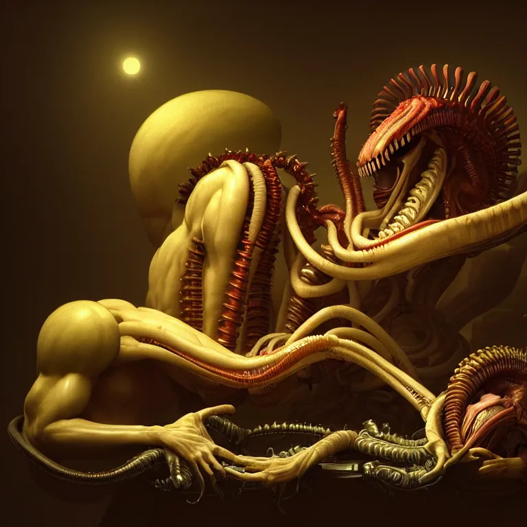 Image similar to still life of xenomorph, wide shot, soft glow bloom lucid dream - like ethereal atmosphere, baroque portrait painting, perfect composition, beautiful intricate detailed octane render trending on artstation, 8 k artistic photography, volumetric cinematic perfect light, chiaroscuro, masterpiece, raphael, caravaggio, rutkowski, beeple, beksinski
