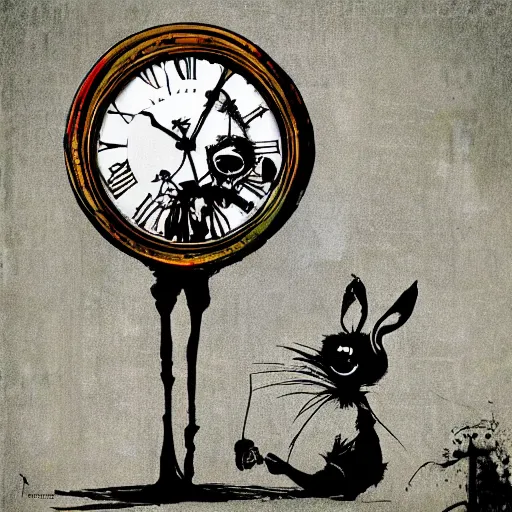 Prompt: alice in wonderland clock background by ralph steadman, drip lnk style