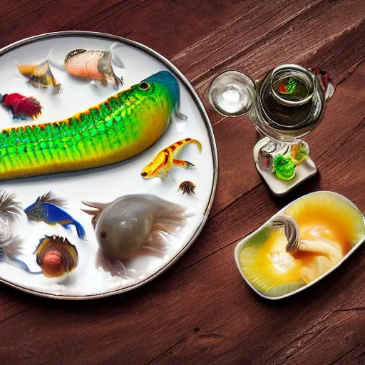 Image similar to unknown slimy and aquatic animals, highly detailed render, displayed on a dinner plate, cut to piece, 8K HD, food photography