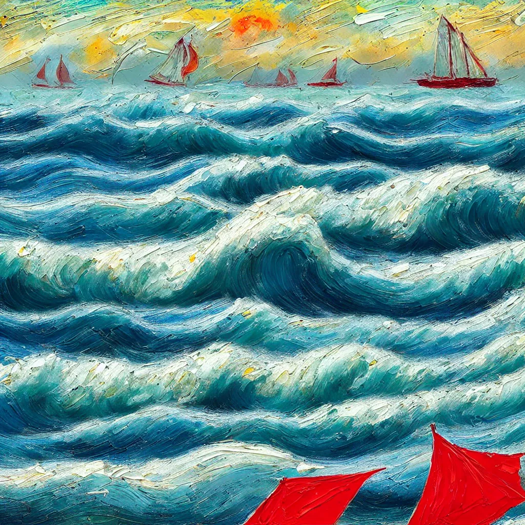 Image similar to Giant threatening beautiful Rolling waves, with a distant, red sailed yacht in the style of Jackson Pollack and painted in a style of painting similar to Van Gogh but more impasto and less hatching