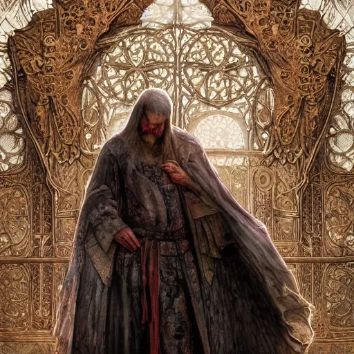 Image similar to highly detailed picture of a man with holes in his robes, religious man wearing clothes with huge rips, destroyed clothes, medieval background, mystic, d & d, fantasy, intricate, elegant, highly detailed, digital painting, artstation, concept art, smooth, sharp focus, illustration, art by artgerm and greg rutkowski and alphonse mucha