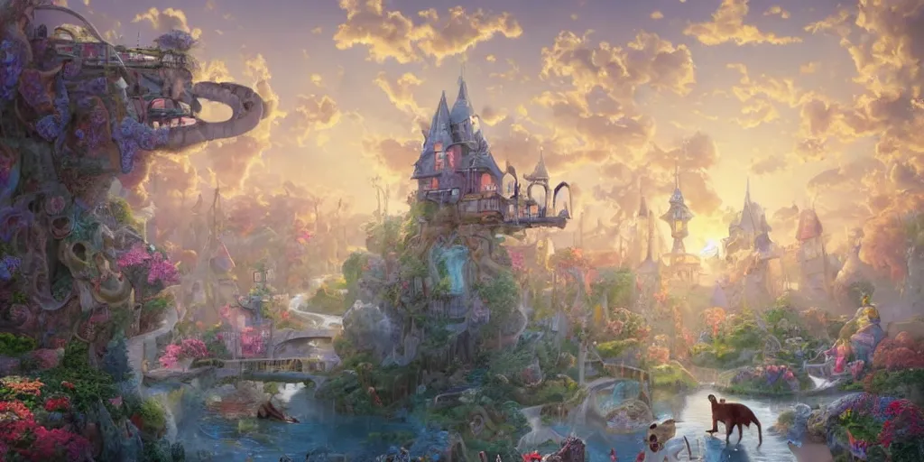 Prompt: A fairy-tale style factory made of ice cream，giant cute caracal in the sky, full of details, matte painting, concept art, smooth, by Cory Loftis and Thomas Kinkade and WLOP，Soft light atmosphere，trending on cgsociety and Blender， unreal engine，8kHDR，light effect，rtx on，-H 768