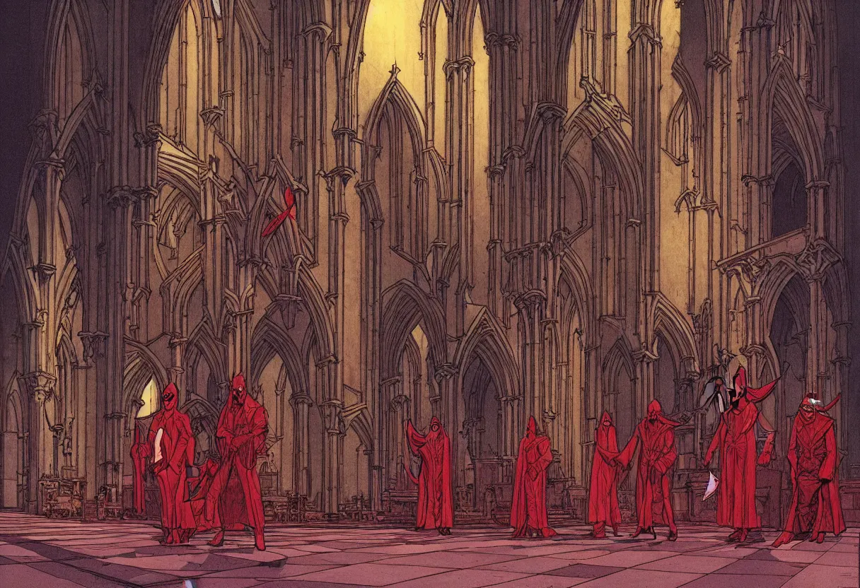 Prompt: devils in the cathedral by moebius