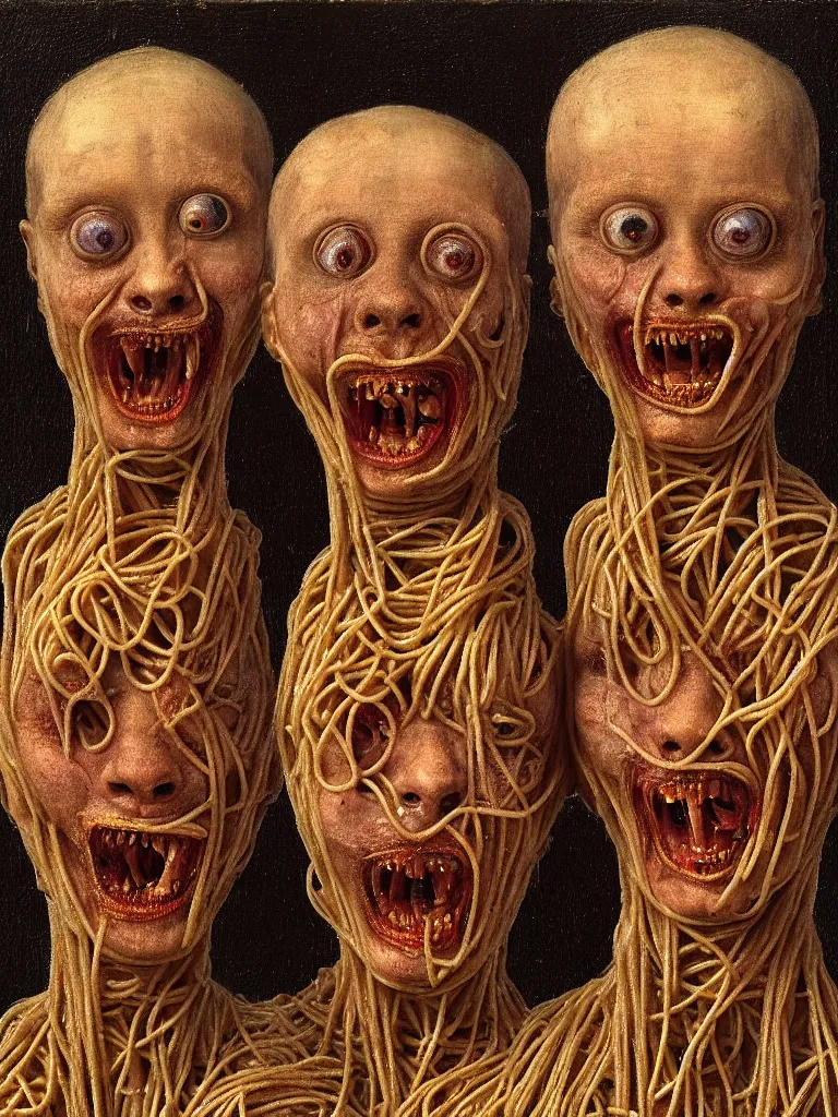 Image similar to siamese twins made of spaghetti, looking straight into camera, screaming in desperation, by giuseppe arcimboldo and ambrosius benson, renaissance, intricate and intense oil paint, a touch of joseph cornell, beksinski and hr giger and edward munch, realistic