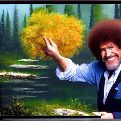 Image similar to Bob Ross throwing paintings away into the trash bin, trending on artstation, 4k, 8k