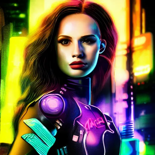 Image similar to madelaine petsch portrait, cyberpunk 2 0 7 7, cyberpunk judy alvarez, photorealistic, ultra detailed, neon, octane, bokeh, cinematic lighting, cyber, cyberpunk city, studio quality, feature, scars, cyberface, 8 k