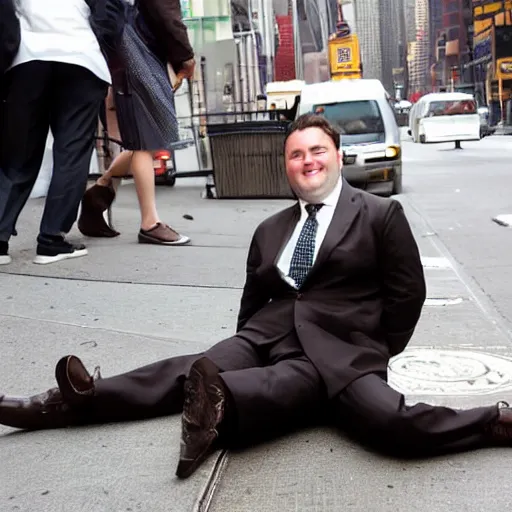 Image similar to A smiling chubby white clean-shaven man dressed in a chocolate brown suit and necktie and black shoes is laying on the ground in New York city.