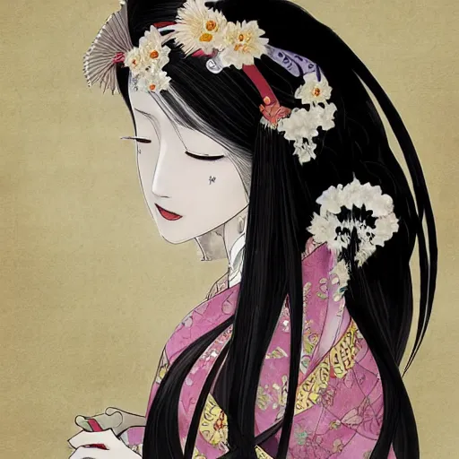 Prompt: portrait of the japanese moon princess kaguya hime with long flowing black hair wearing an ornate kimono with intricate floral patterns, touhou character illustration by ross tran, bo chen, toni infante, rebecca oborn, michael whelan, trending on artstation cgsociety hq