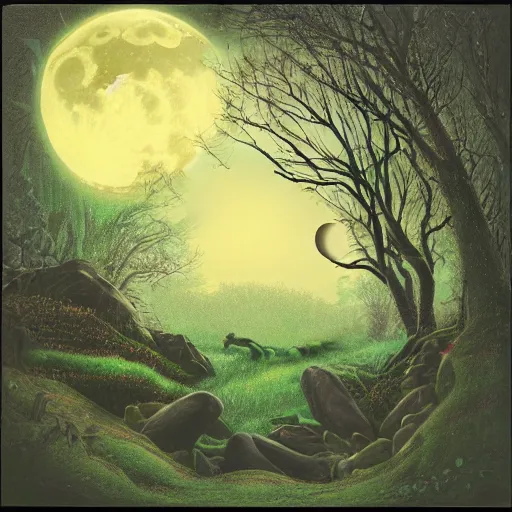 Image similar to a serene forest of faeries, beautiful double crescent moon in the night sky, album cover