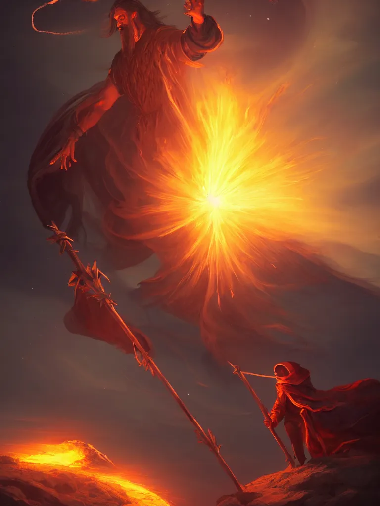 Prompt: levitating wizard wielding a spear opening a shining portal pulsating in the night sky, horizon of an erupting volcano, digital painting, cgsociety, artstation, highly detailed, cinematic lighting