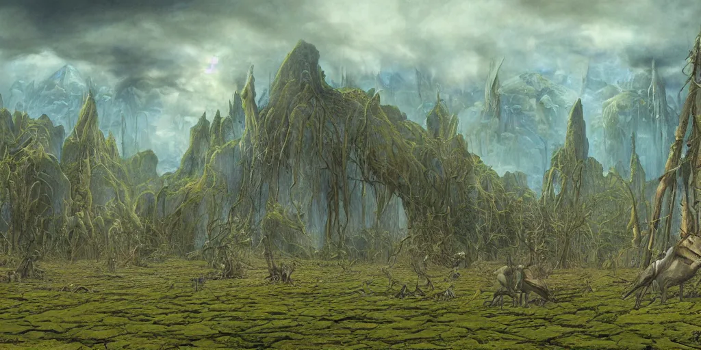 Prompt: Artwork by John Howe of the cinematic view of Hunting Grounds of the Unspeakable