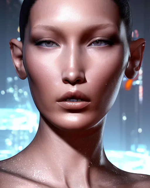 Image similar to a highly detailed metahuman 8 k close up render of bella hadid in iris van herpen dress in style of alex grey trending on artstation made in unreal engine 4