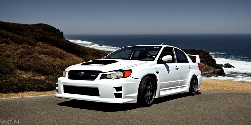 Image similar to photograph, 2007!! Subaru WRX STi, cinematic, california coast, ocean view, 8k, depth of field, bokeh.