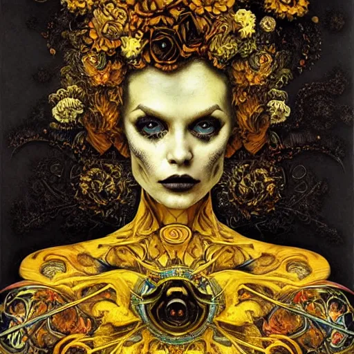 Prompt: Memento Mori by Karol Bak, Jean Deville, Gustav Klimt, and Vincent Van Gogh, beautiful visionary mystical portrait, calavera, otherworldly, fractal structures, ornate gilded medieval icon, third eye, spirals, beautiful botanical calavera