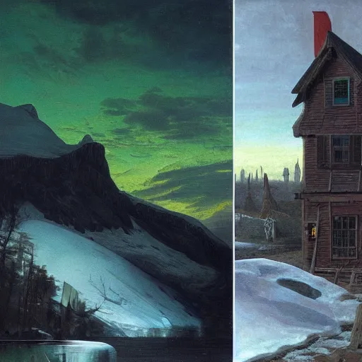 Image similar to ominous emerald crystal emerging from ice, at night, by frederic church, by kent monkman, by caspar david friedrich, king's quest, sierra games