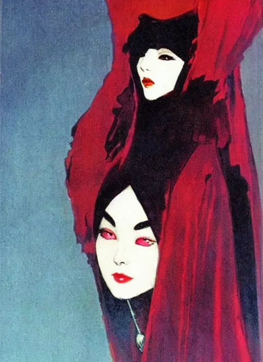 Image similar to svelt iranian korean vampiress, jeweled veil, strong line, saturated color, beautiful! coherent! by frank frazetta, high contrast, minimalism