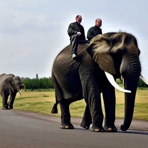 Prompt: Putin rides an elephant into epic battle against nuclear background