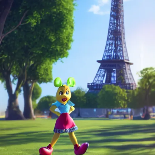 Image similar to Disney character Miraculous posing in front of the eiffel tower, octane render, rimlights. fresh, sunny day
