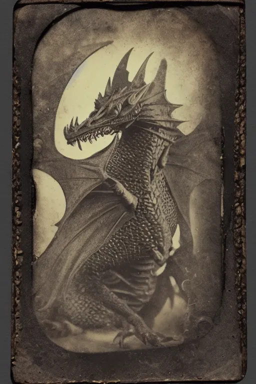 Prompt: a tintype photo of a dragon