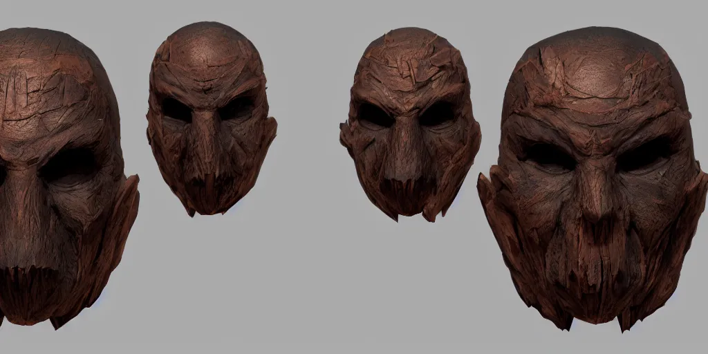 Image similar to evil wooden mask design, character sheet, 3d render, Greg Rutkowski, Zabrocki, Karlkka, Jayison Devadas, Phuoc Quan, trending on Artstation, 8K, ultra wide angle, zenith view, pincushion lens effect