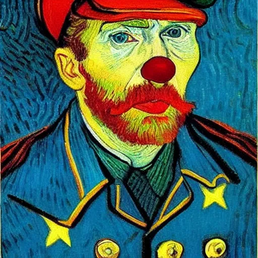 Image similar to communist clown portrait, van gogh