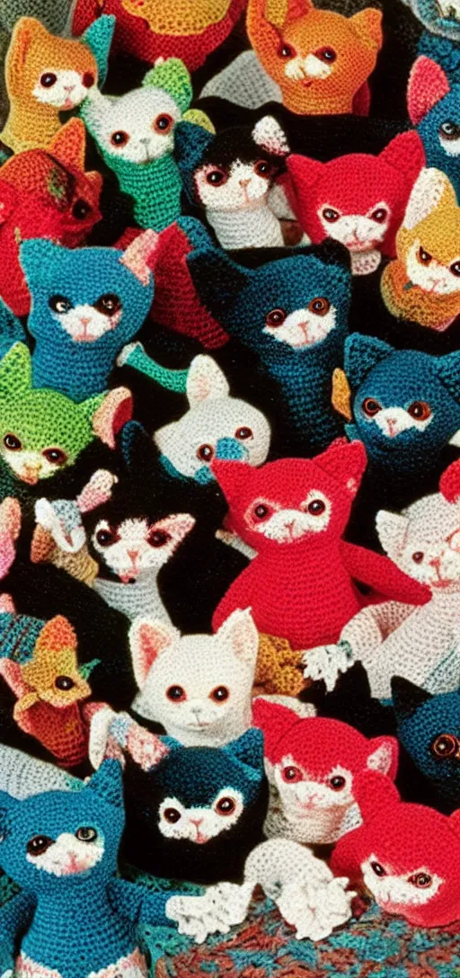 Prompt: multicolored crocheted bat kittens, 1 9 8 0 s catalogue photography
