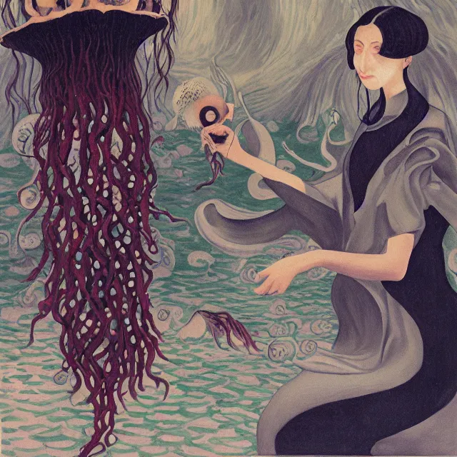 Image similar to tall emo female artist holding a nautilus in her flooded kitchen, pomegranates, octopus, water gushing from ceiling, painting of flood waters inside an artist's apartment, a river flooding indoors, ikebana, zen, rapids, waterfall, black swans, canoe, berries, acrylic on canvas, surrealist, by magritte and monet
