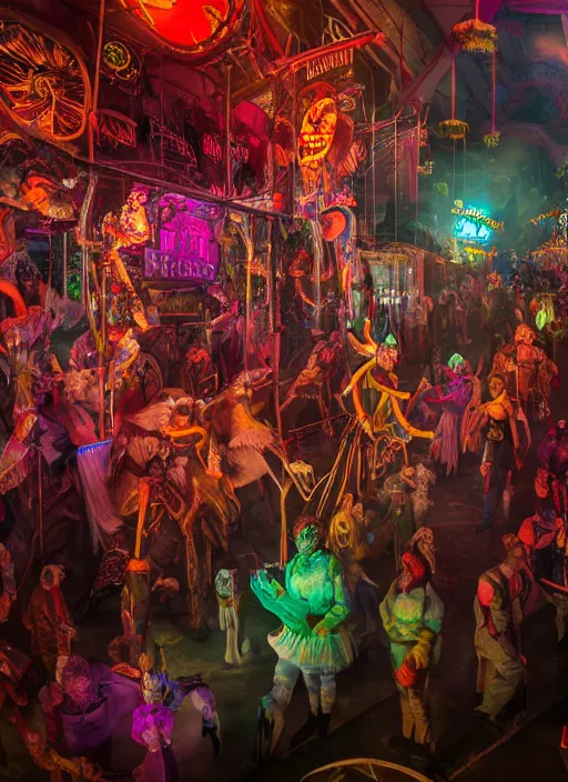 Image similar to professional photography, octane render, beautiful aesthetic whimsical horror, silent hill carnival, fools and jesters performing at a carnival, high-resolution, extreme detail, beautiful colorful lights