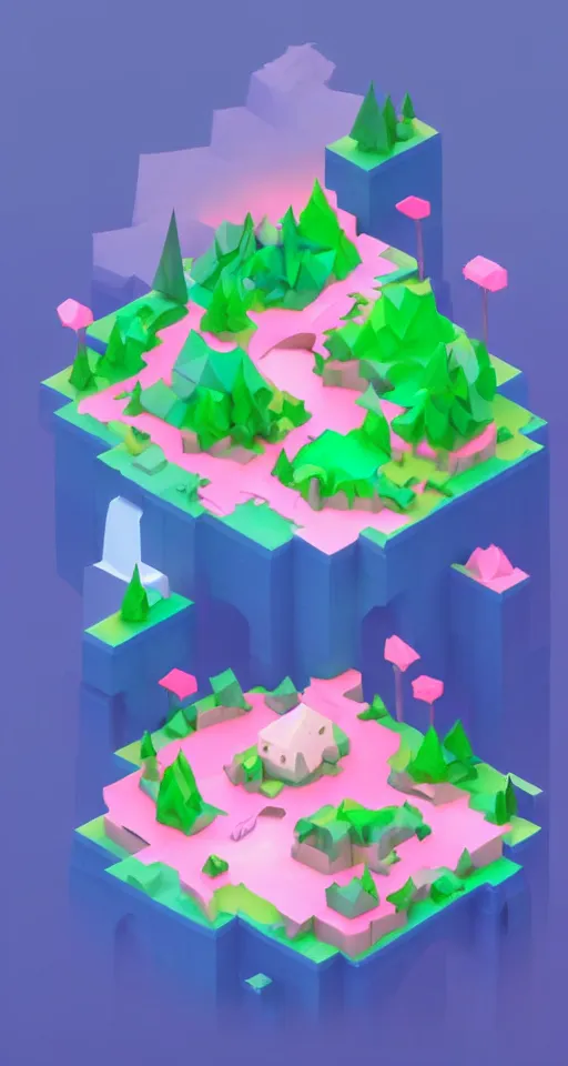 Prompt: a cute little matte low poly isometric cherry blossom forest island, pink waterfalls, mist, lat lighting, soft shadows, trending on artstation, 3d render, monument valley, fez video game,