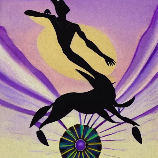 Prompt: a beautiful painting of a regal african cowboy, riding a dolphin on land in front of a pale lavender sunrise, dawn, predawn, golden light, art deco!, art nouveau, silhouette, no crop, smooth, sharp focus, fine lines