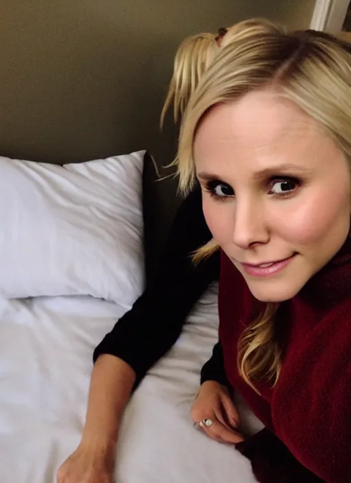 Image similar to ( first person view, my pov )!!!!!!!!, kristen bell on my bed looking at me, on my bed