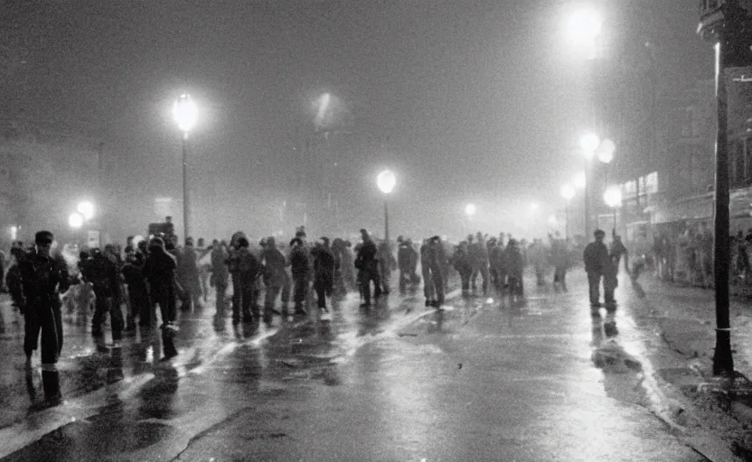 Prompt: 1990s movie still of a yougoslavian street with a large crowd fighting soviet soldiers, with stalinist style highrise, Cinestill 800t 35mm black and white, heavy grainy picture, very detailed, high quality, 4k panoramic, HD criterion, streetlight at night, foggy