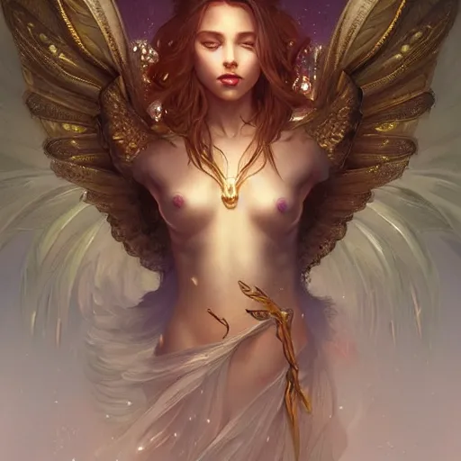 Image similar to Beautiful angel, fantasy magic, dramatic lighting, golden hour, close to night, intricate, elegant, sharp focus, illustration, highly detailed, digital painting, concept art, matte, art by WLOP and Artgerm and Greg Rutkowski and Alphonse Mucha, masterpiece