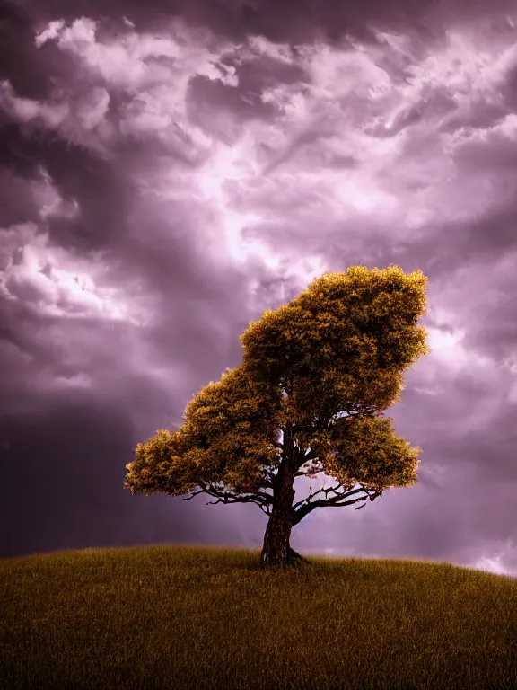 Prompt: photo of 8k ultra realistic lone dead tree on hill surrounded by swirling clouds and lighting, dark, menacing, full of colour, cinematic lighting, battered, trending on artstation, 4k, hyperrealistic, focused, extreme details,unreal engine 5, cinematic, masterpiece, art by Studio Ghibli