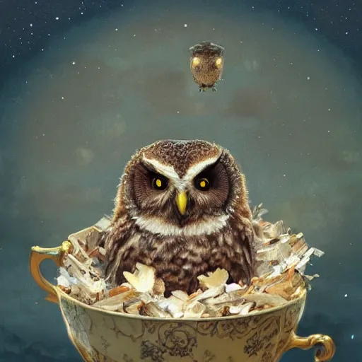 Image similar to long shot of a very cute owl chick nesting in a very romantique cup, by esao andrews, by james jean, marc simonetti, by victo ngai, humorous illustration, hyperrealistic, big depth of field, warm colors, night scenery, dim light, 3 d octane render conceptart, 4 k, hyperdetailed, trending on artstation