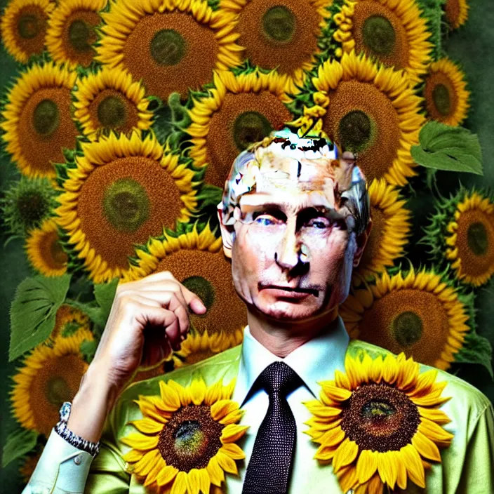 Image similar to photo portrait of Vladimir Putin - sunflowers - dressed in leisure shirt with ornamental ethereal sunflower pattern, natural skin tone, highly detailed realistic flowers ornament on the shirt, raging war and explosions in the background, eyebrows are intricate and highly detailed, elegant, Realistic, Refined, Highly Detailed, natural soft pastel lighting colors scheme, fine art photography by Cecil Beaton, volumetric lighting, hyper realistic photography