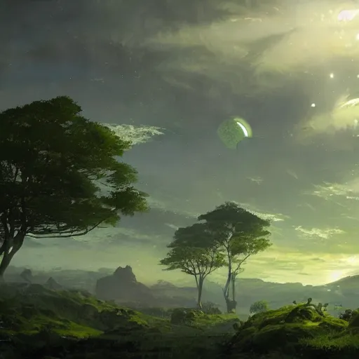 Prompt: a green gas planet, wide screen, landscape, by greg rutkowski