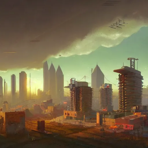 Image similar to A cyberpunk buildings with the sun shining through the clouds in utopia by Simon Stålenhag and Greg Rutkowski,In style of Grant Wood.hyper detailed,8K Resolution,unreal engine 5,Ray Tracing,highly realistic.trending on Artstation