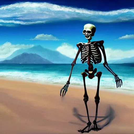 Image similar to Beautiful digital painting portrait of relaxed skeleton walking on the tropical beach with nuclear bomb explosion in the background nuclear bomb explosion in the background, by James Gurney, high quality, trending on Artstation, realistic, tropical color scheme, anatomically correct skeleton, high coherence, clear blue sky