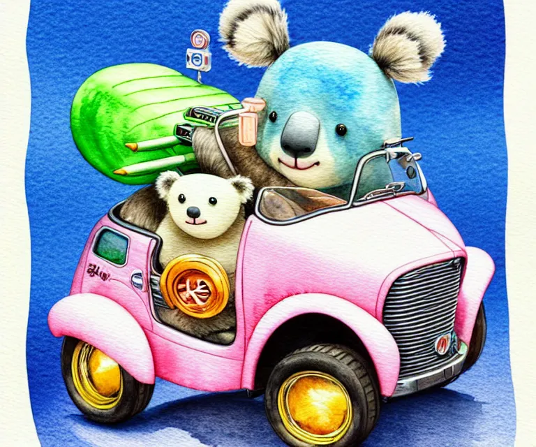 Prompt: cute and funny, koalabear with fuzzy ears riding in a tiny hot rod with an oversized engine, ratfink style by ed roth, centered award winning watercolor pen illustration, isometric illustration by chihiro iwasaki, edited by range murata, tiny details by artgerm and watercolor girl, symmetrically isometrically centered, sharply focused