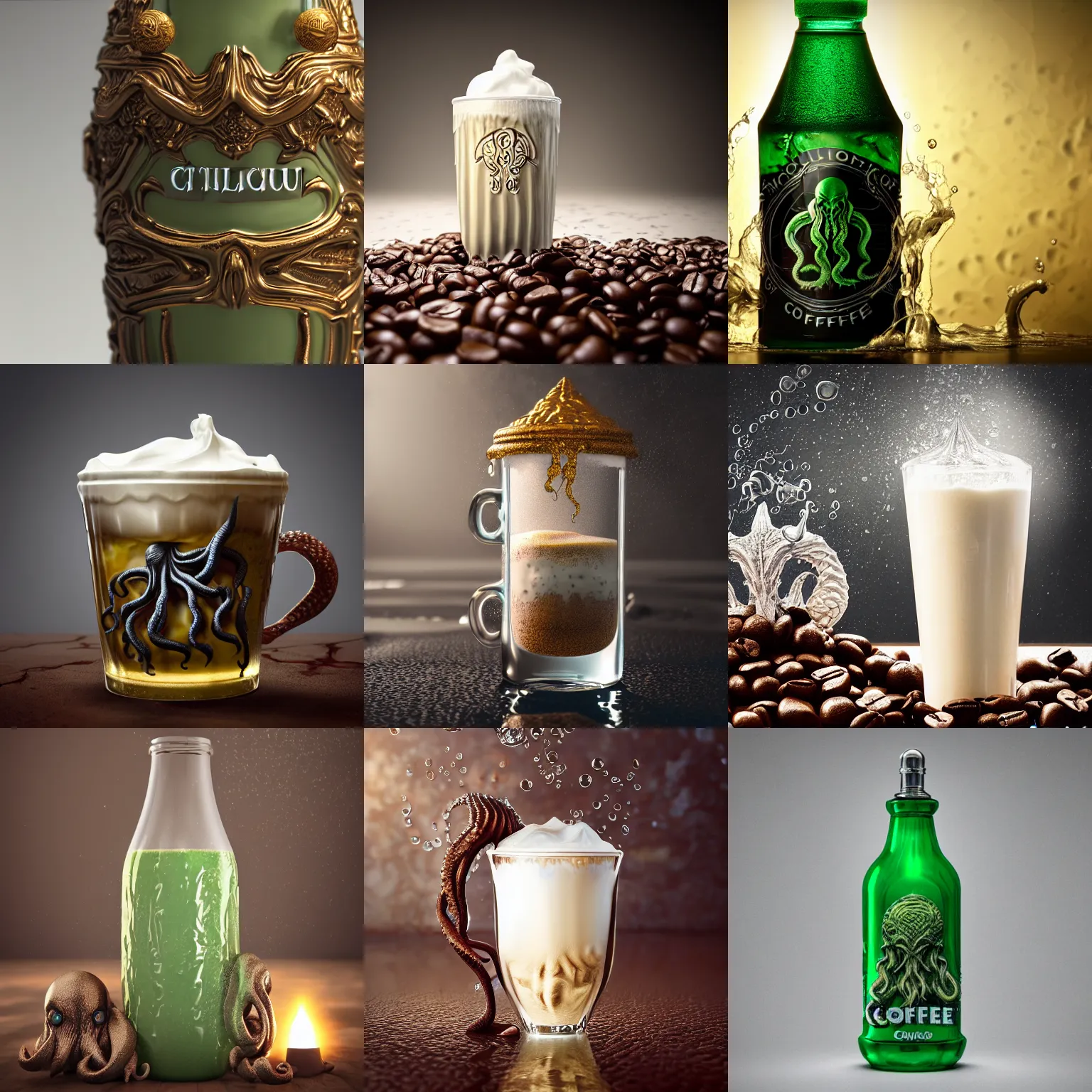 Prompt: cthulhu as milk foam in coup of coffee, hyper realistic extreme shine details, translucent glass shine, extreme ornate intricate bottle and cork detail, condensation droplet render, Octane render, full frame