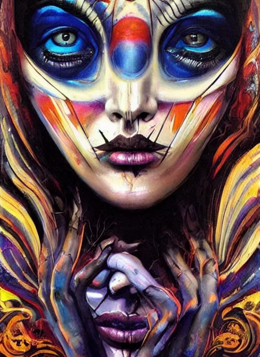 Image similar to gorgeous magic cult psychic woman, painted face, third eye, energetic consciousness psychedelic, epic surrealism expressionism symbolism, story telling, iconic, dark robed, oil painting, symmetrical face, dark myth mythos, by Sandra Chevrier , Bruce Pennington, masterpiece