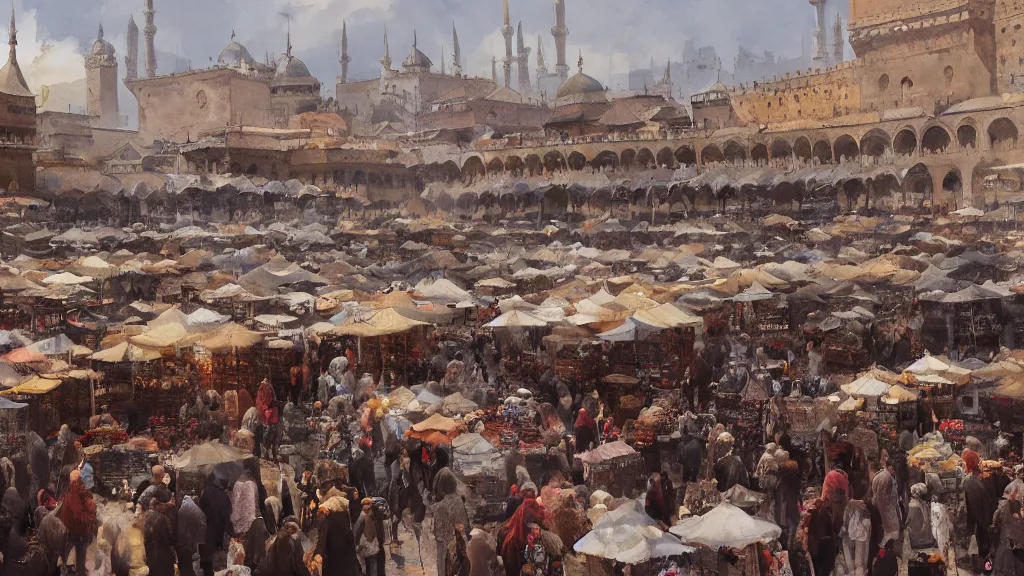 Prompt: Crowded arabic grand bazaar square filled with marketplace stand tents, papyrus, watercolored, jakub rozalski, dark colours, dieselpunk, artstation