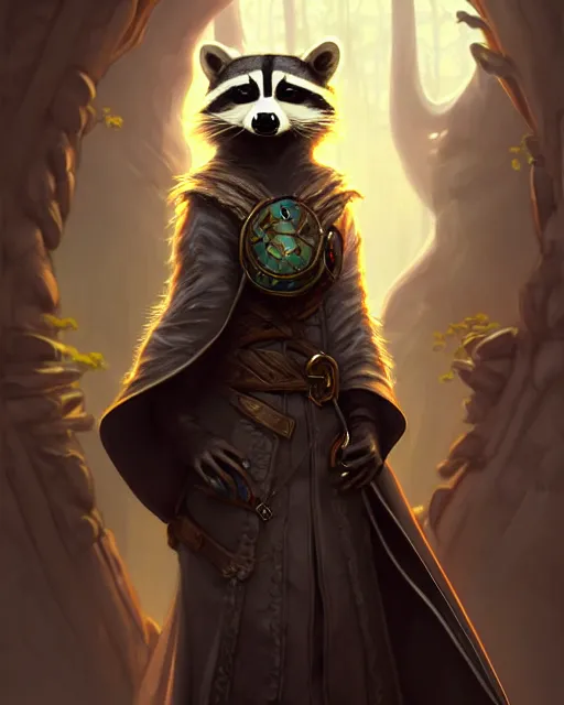 Image similar to anthropomorphic hooded raccoon cleiric, deep focus, d & d, fantasy, intricate, elegant, highly detailed, digital painting, artstation, concept art, matte, sharp focus, illustration, hearthstone, art by artgerm and greg rutkowski and alphonse mucha