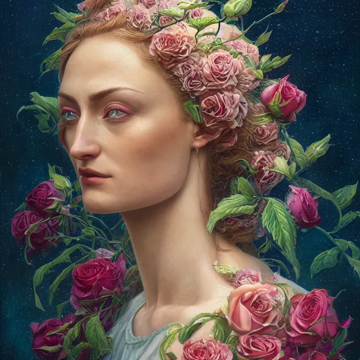 Prompt: portrait of floral rose sophie turner, by dan mumford, moebius, yukito kishiro, barclay shaw, karol bak, jean baptiste monge, high quality, high resolution, smooth 8 k octane rendered with volumetric cinematic dramatic light rutkowsky