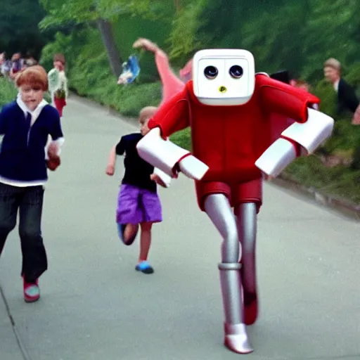 Image similar to in the style of 1960s, scary robot chasing kids