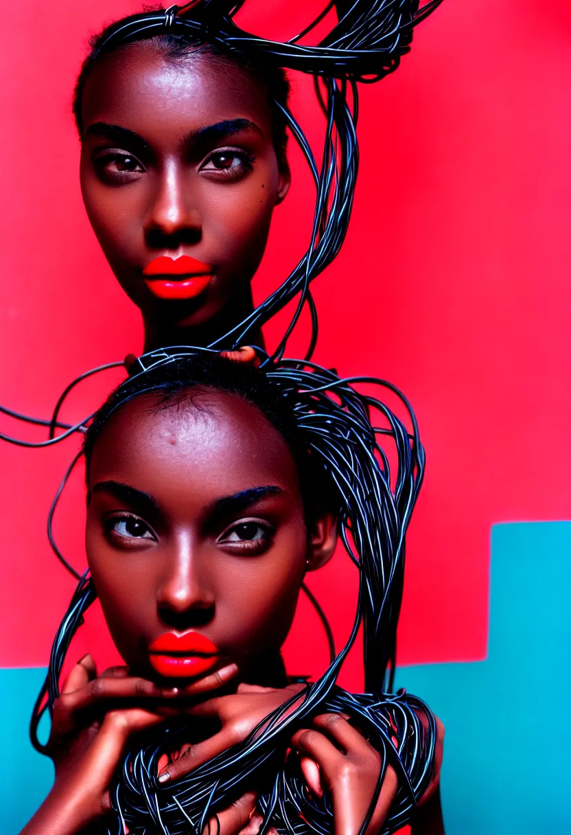 Image similar to medium shot, photograph of alluring dark skin young woman looking into camera, red lipstick, hundreds of cables and wires extruding from her head, sharp focus,, chromatic abberations, as fashion editorial 90s, kodak ektachrome