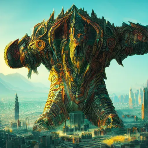 Image similar to giant creature with a city on top of his shoulders, ultra detailed, well composed, epic, beautiful colors, 8 k