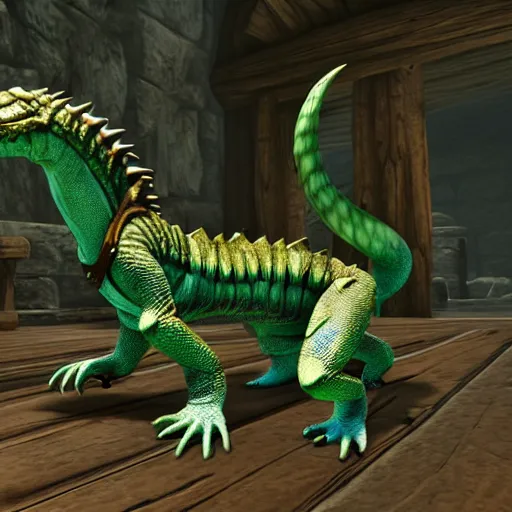 Image similar to 3D render of a beautiful feminine anthro reptile tail smooth scales scaled fursona Argonian in Skyrim, pose mod, in-game screenshot, loverslab, furaffinity